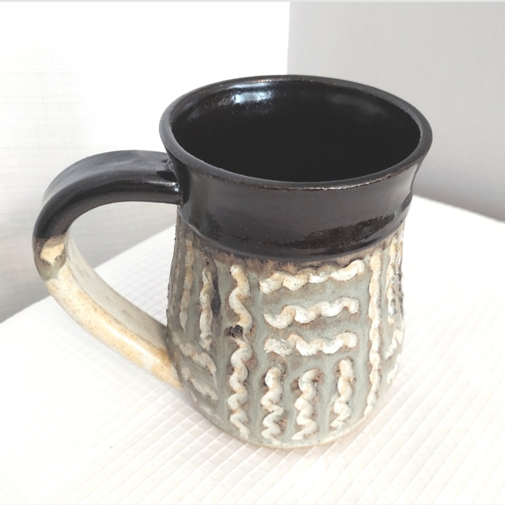 Andres Art Pottery Mug Carved Squiggles 2 Tone Stoneware Cup Handmade
